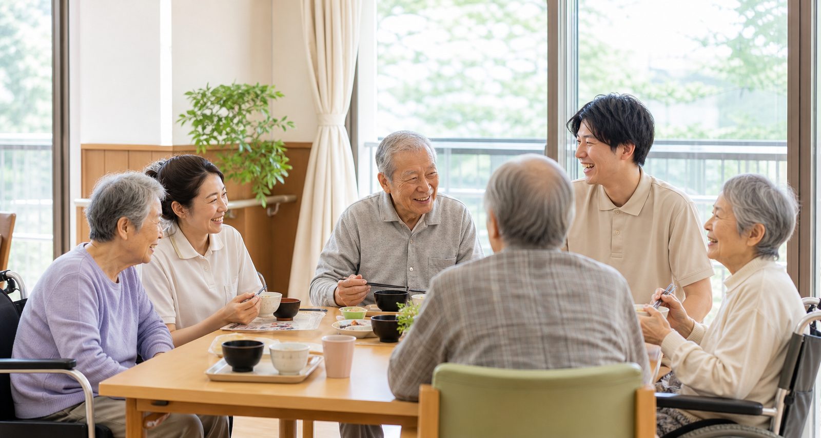 食堂でスタッフと利用者様が食事を囲む様子